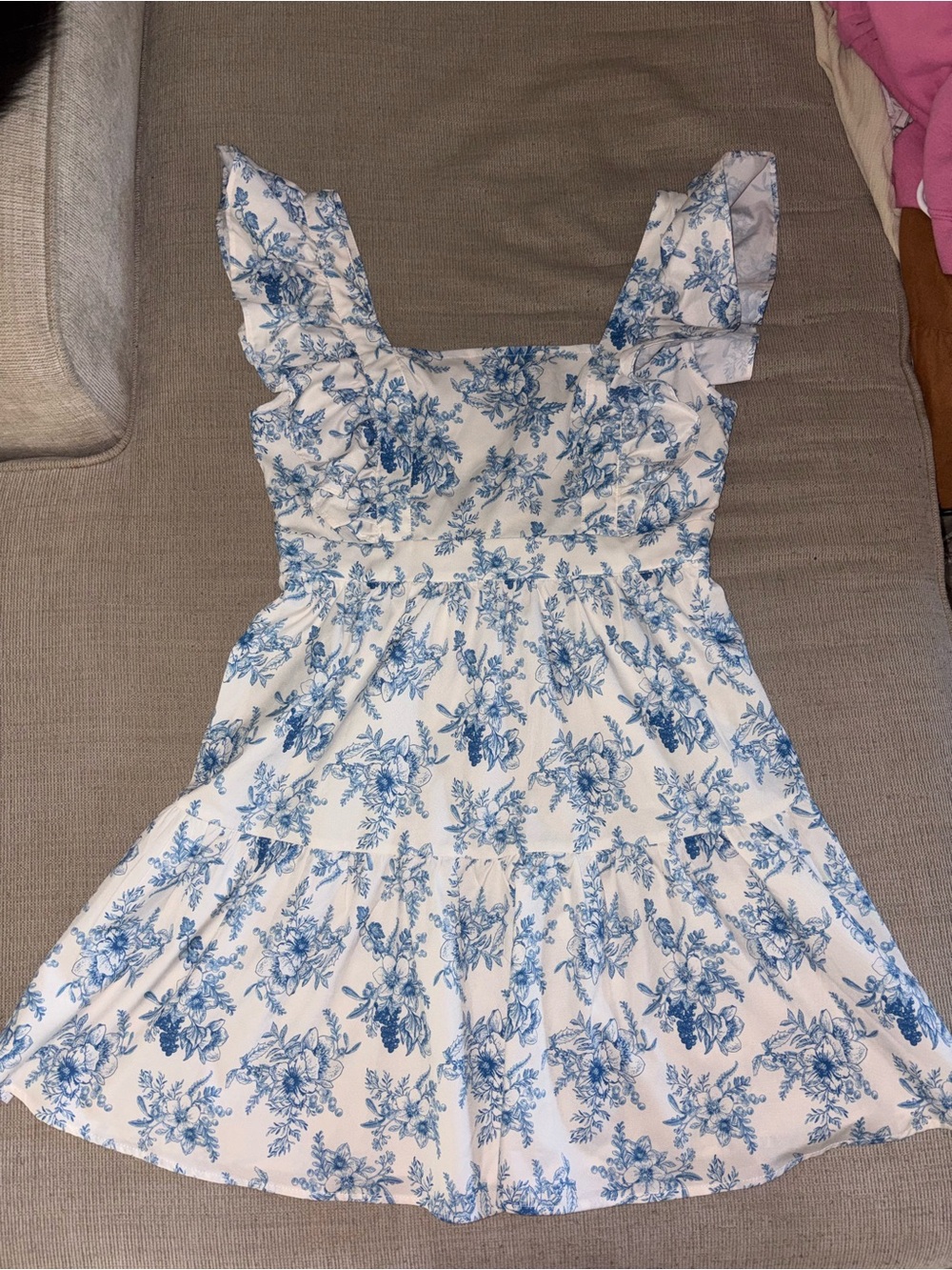 SHEIN White Mini Dress with Blue Floral Print and Ruffle Straps